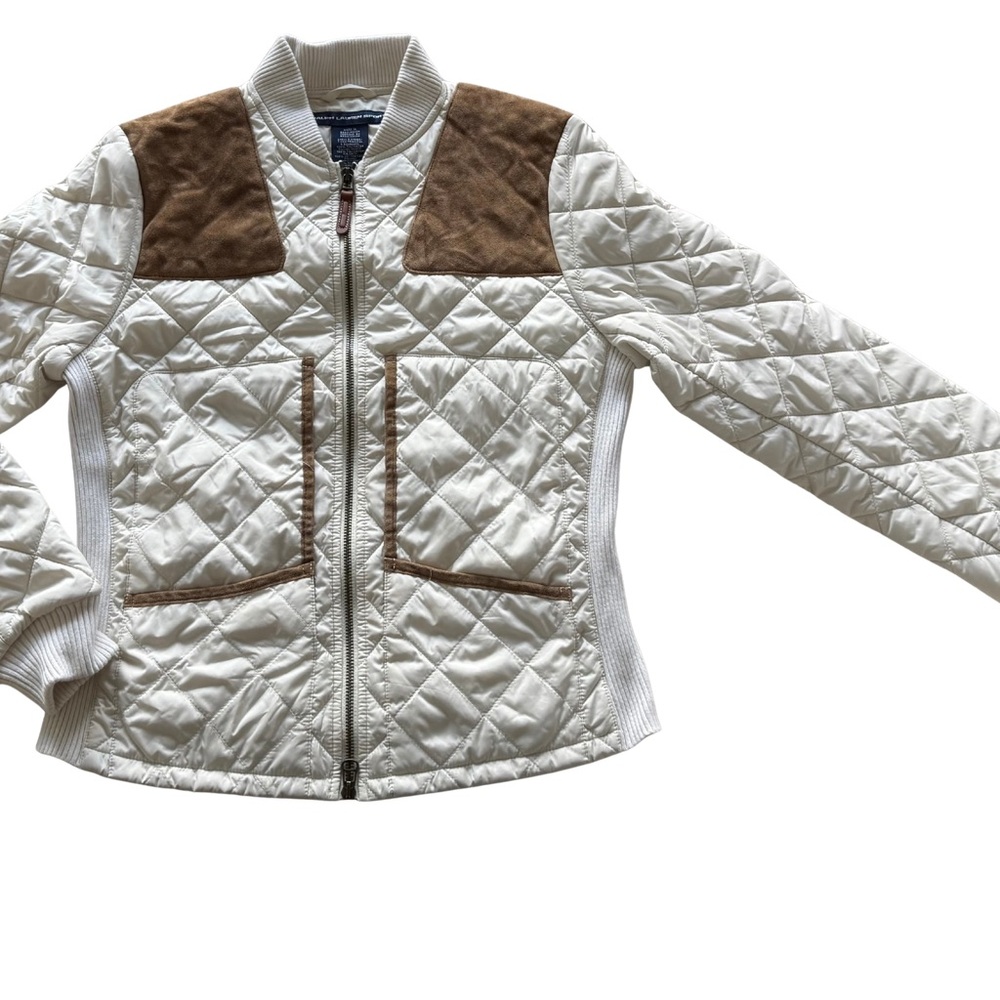 Ralph Lauren White Lightweight Quilted Bomber Jacket with Brown Accents